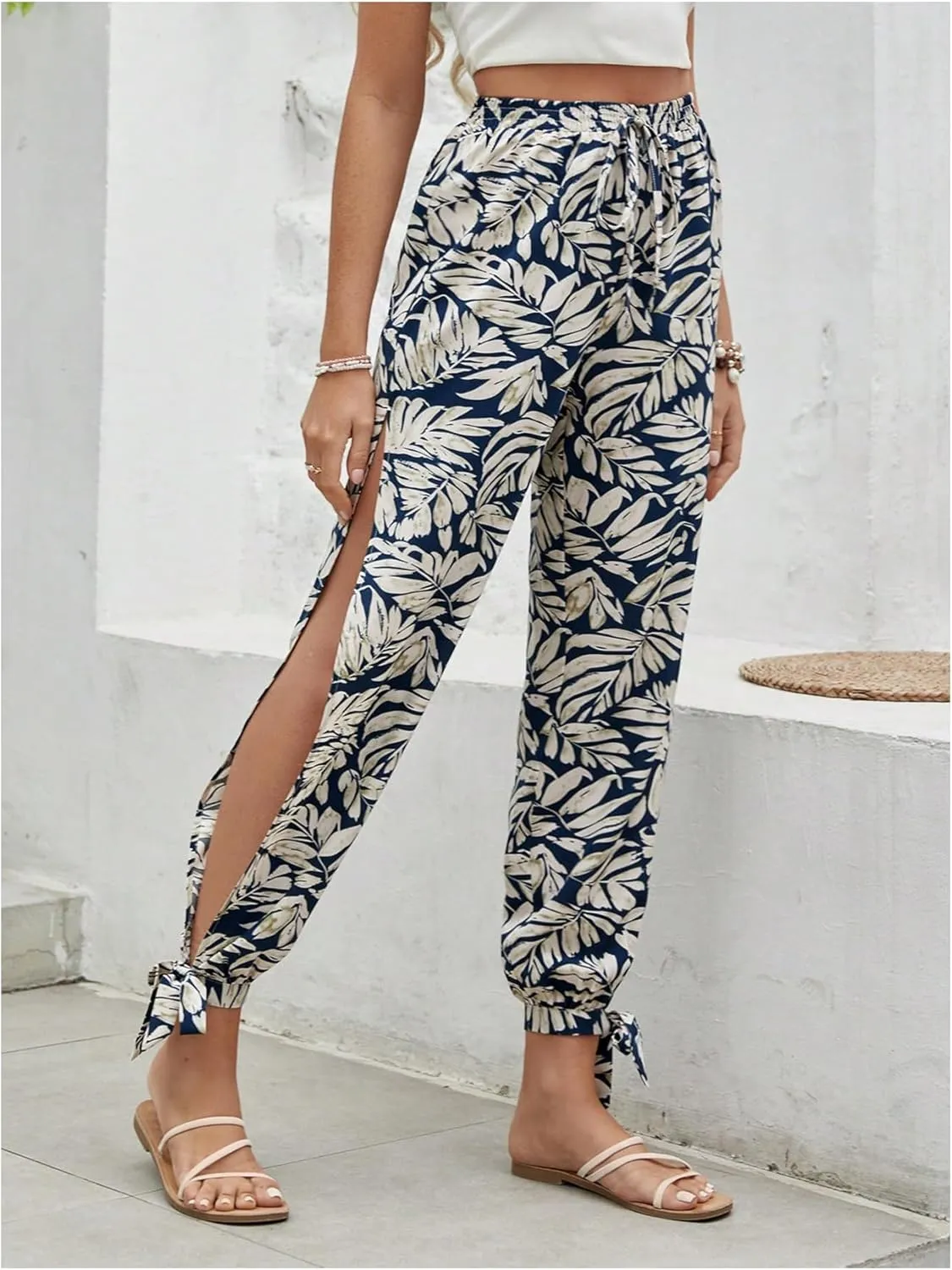 WDIRARA Women's Boho High Waist Split Knot Hem Long Pants Flowy Harem Yoga Pants