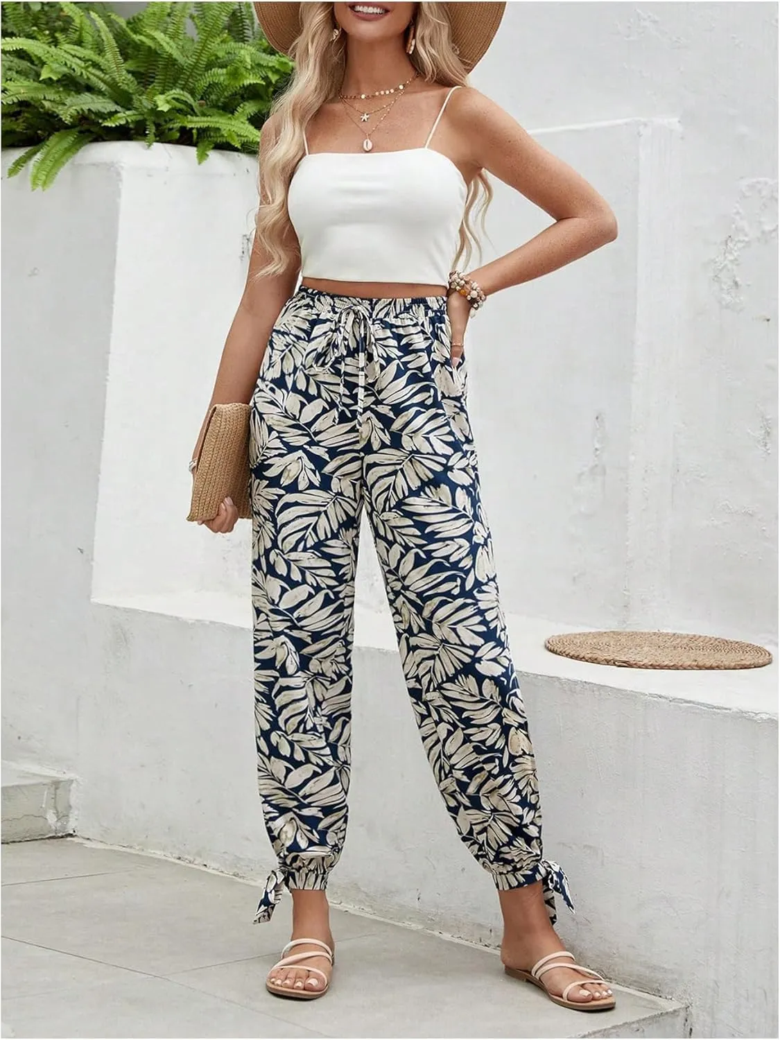 WDIRARA Women's Boho High Waist Split Knot Hem Long Pants Flowy Harem Yoga Pants