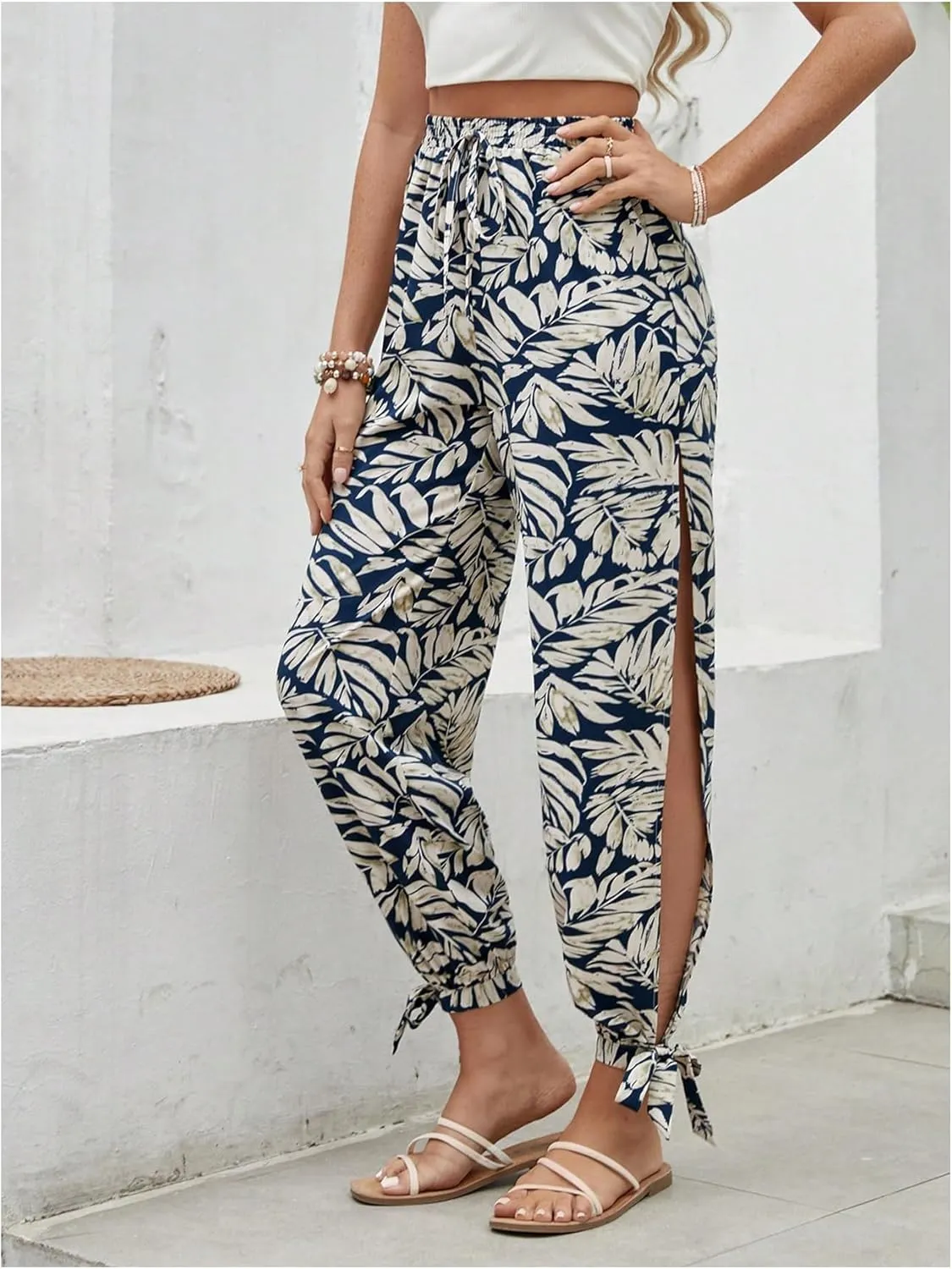 WDIRARA Women's Boho High Waist Split Knot Hem Long Pants Flowy Harem Yoga Pants