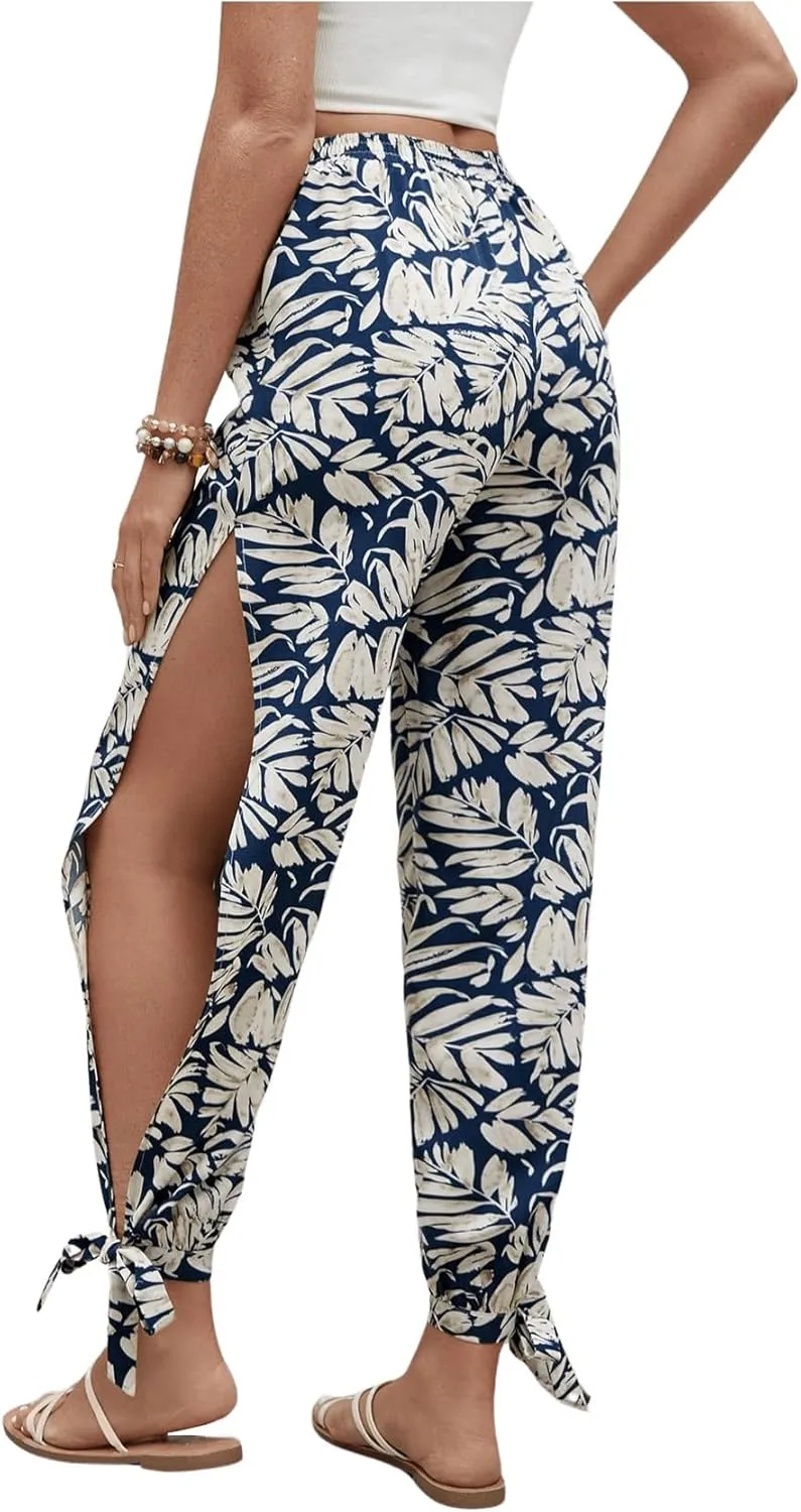 WDIRARA Women's Boho High Waist Split Knot Hem Long Pants Flowy Harem Yoga Pants