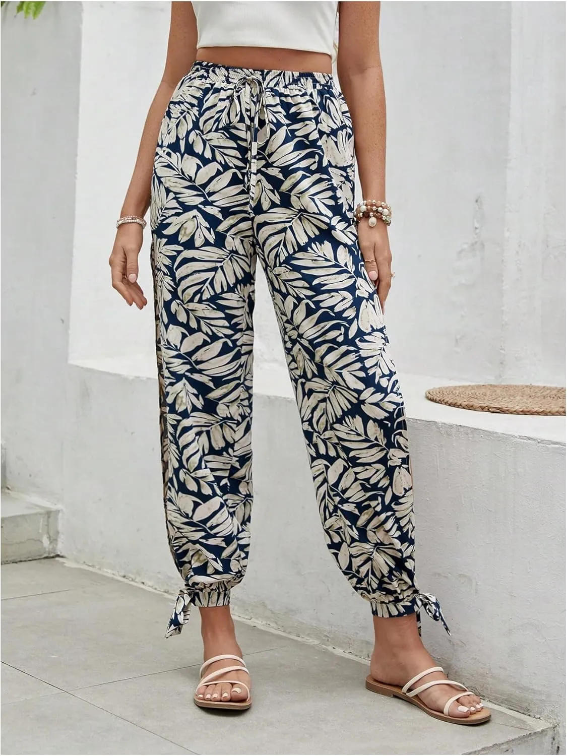 WDIRARA Women's Boho High Waist Split Knot Hem Long Pants Flowy Harem Yoga Pants