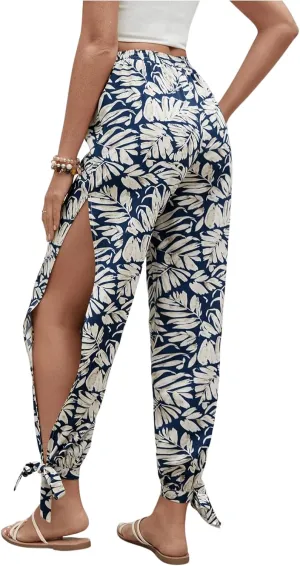 WDIRARA Women's Boho High Waist Split Knot Hem Long Pants Flowy Harem Yoga Pants