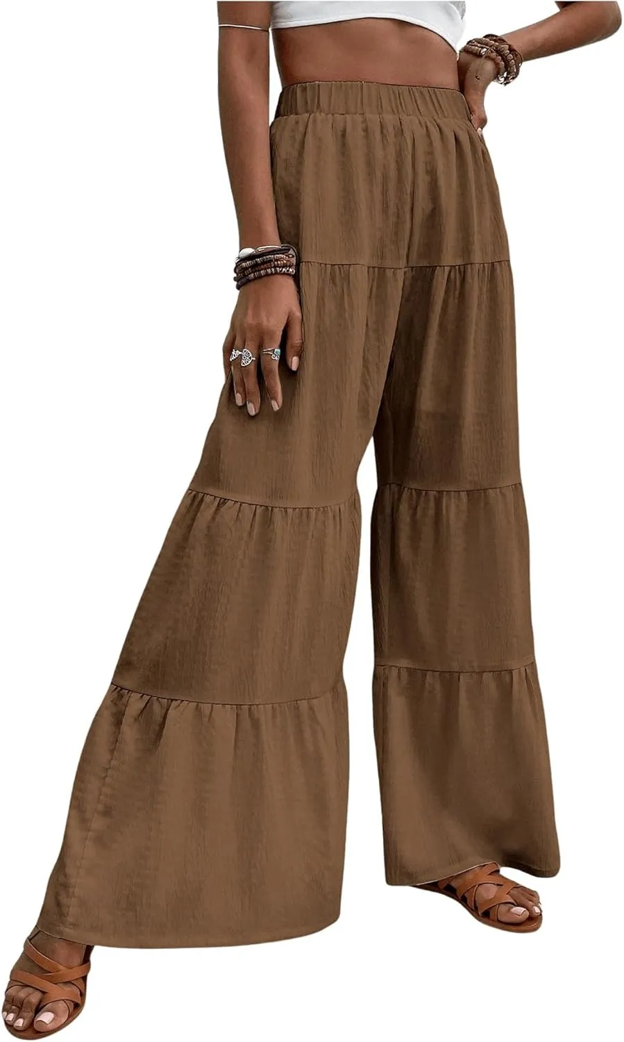 WDIRARA Women's Flowy Boho Elastic High Waist Ruffle Hem Wide Leg Beach Loose Palazzo Pants