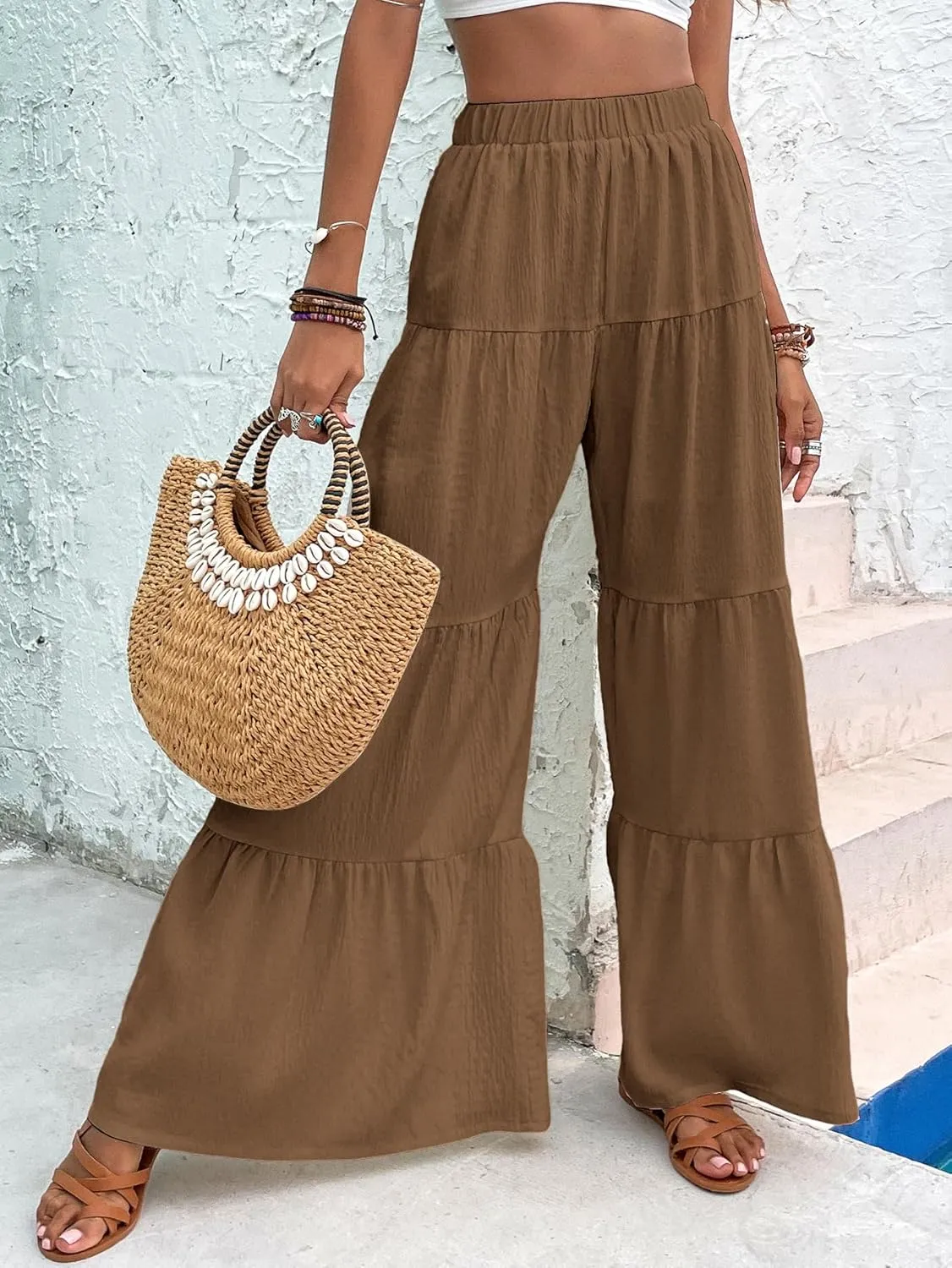 WDIRARA Women's Flowy Boho Elastic High Waist Ruffle Hem Wide Leg Beach Loose Palazzo Pants