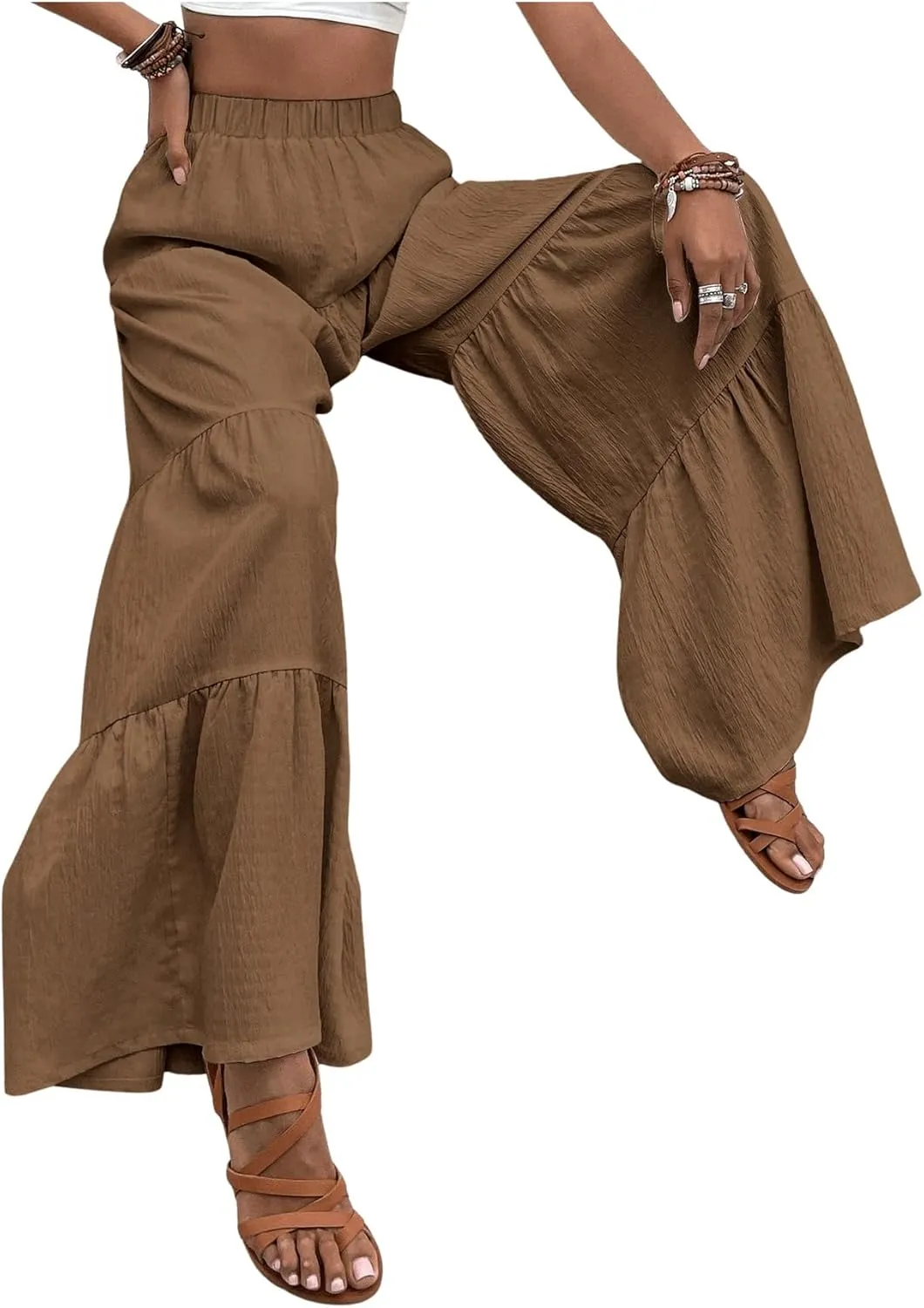 WDIRARA Women's Flowy Boho Elastic High Waist Ruffle Hem Wide Leg Beach Loose Palazzo Pants