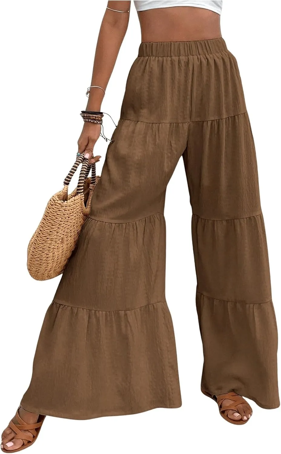 WDIRARA Women's Flowy Boho Elastic High Waist Ruffle Hem Wide Leg Beach Loose Palazzo Pants