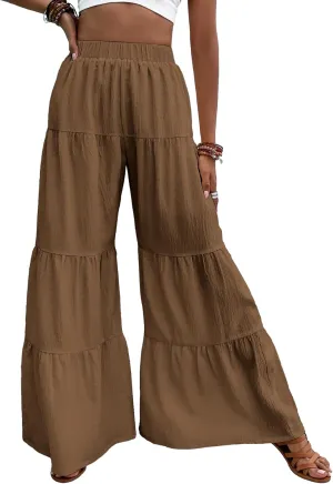 WDIRARA Women's Flowy Boho Elastic High Waist Ruffle Hem Wide Leg Beach Loose Palazzo Pants