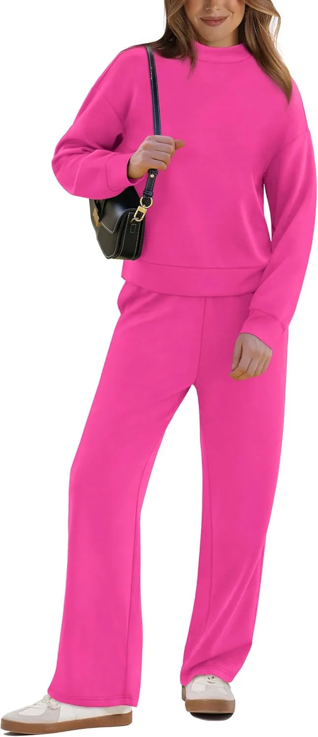 WIHOLL Two Piece Sets for Women Fall Outfits Lounge Sets Mock Neck Tops Wide Leg Pants Vacation Travel Airport Outfits