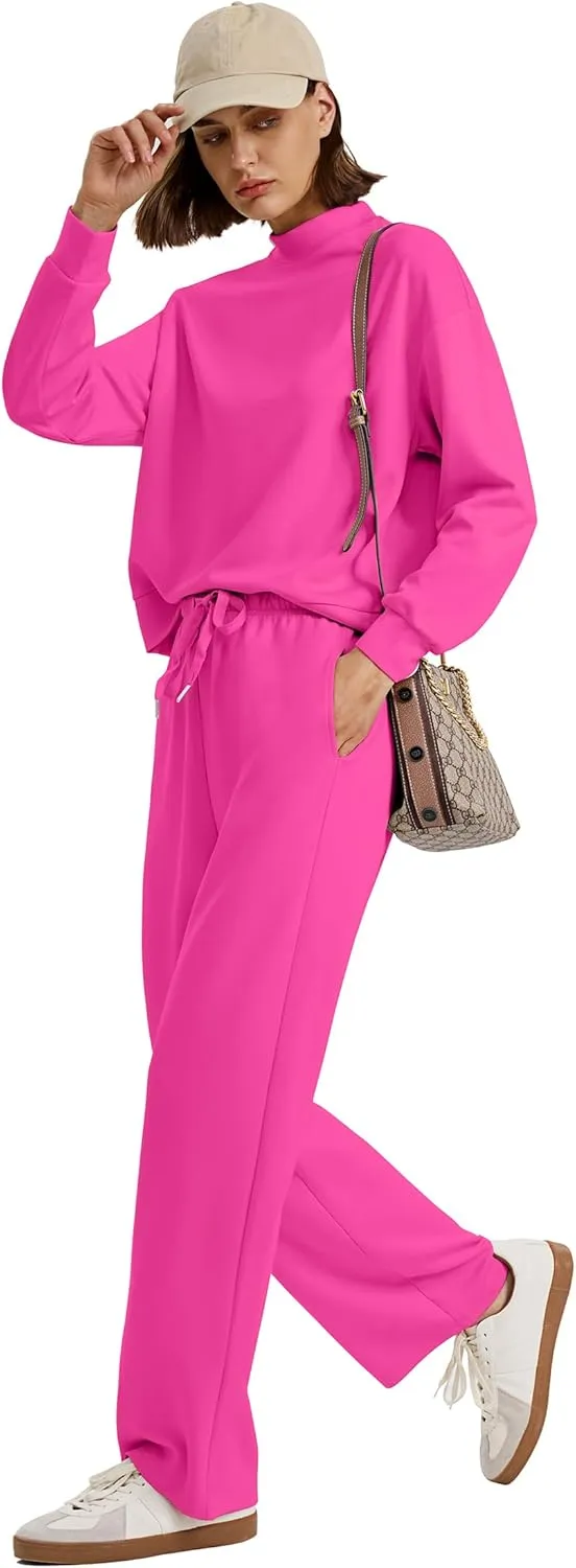 WIHOLL Two Piece Sets for Women Fall Outfits Lounge Sets Mock Neck Tops Wide Leg Pants Vacation Travel Airport Outfits