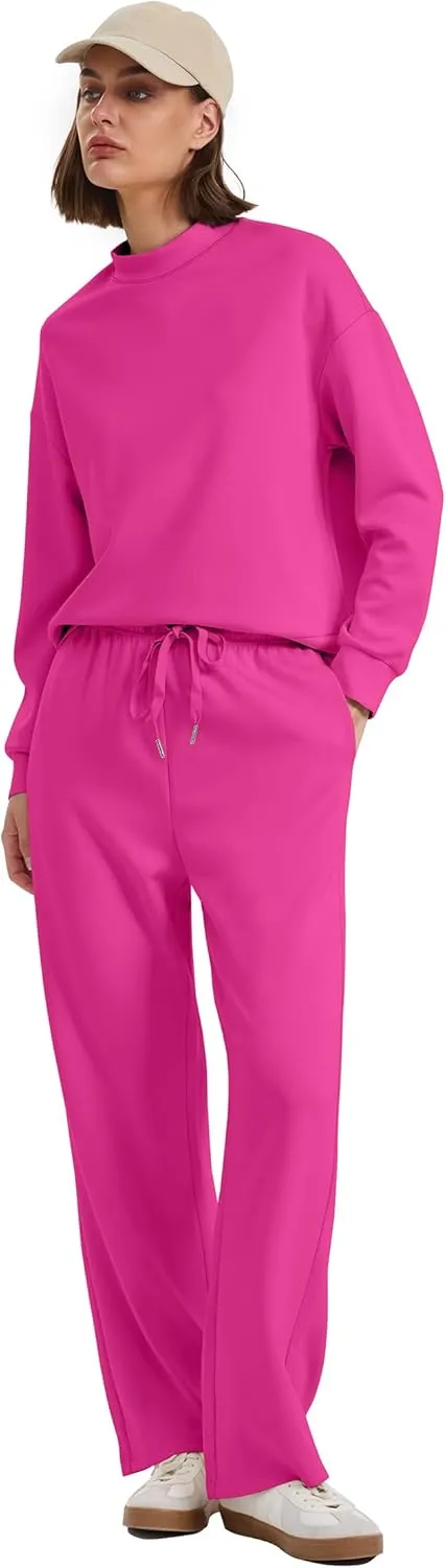 WIHOLL Two Piece Sets for Women Fall Outfits Lounge Sets Mock Neck Tops Wide Leg Pants Vacation Travel Airport Outfits