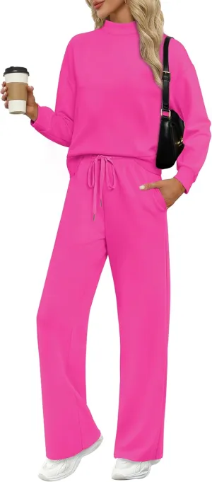 WIHOLL Two Piece Sets for Women Fall Outfits Lounge Sets Mock Neck Tops Wide Leg Pants Vacation Travel Airport Outfits