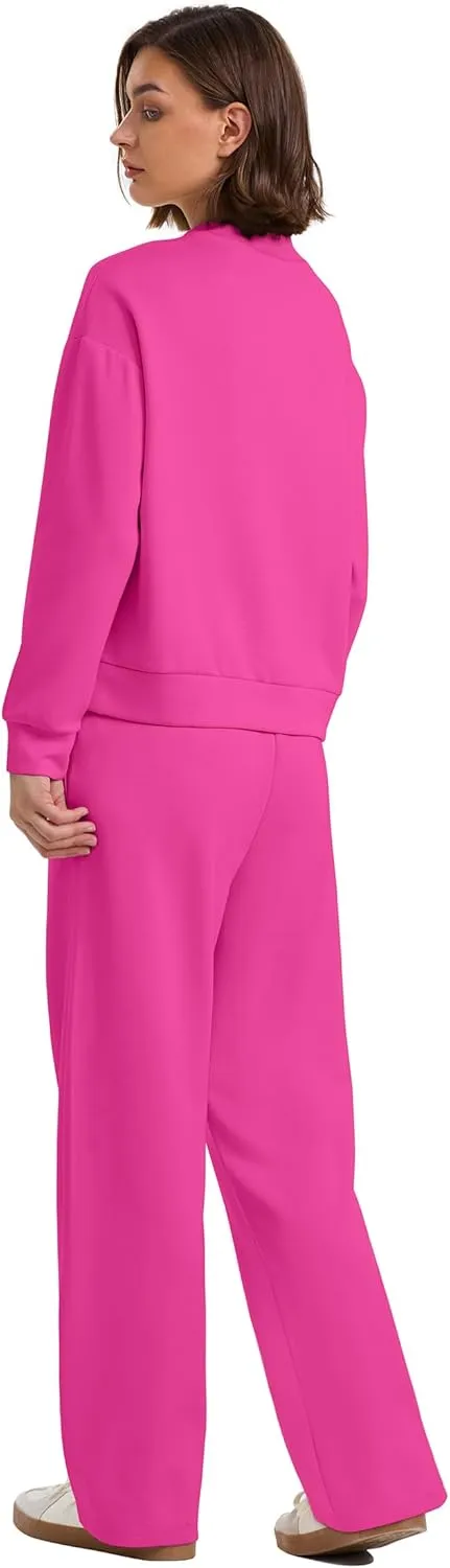 WIHOLL Two Piece Sets for Women Fall Outfits Lounge Sets Mock Neck Tops Wide Leg Pants Vacation Travel Airport Outfits