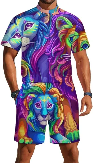Wild Animals Lion Mens Short Sleeve Rompers Printed Slim Fit One Piece Jumpsuit with Pocket