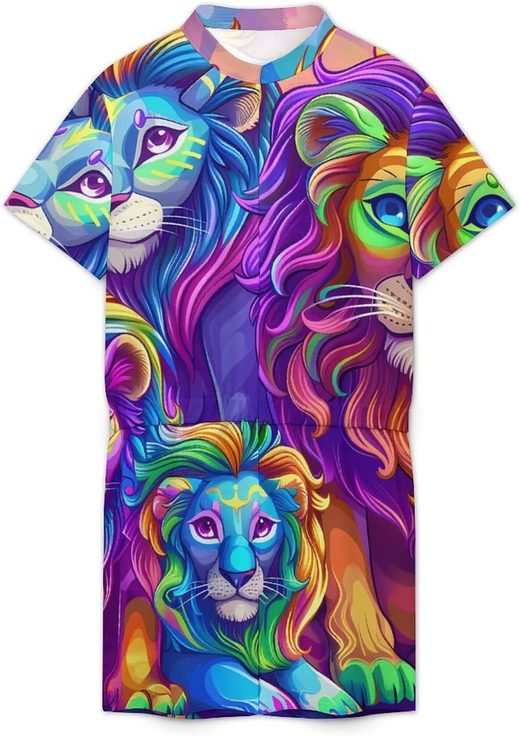 Wild Animals Lion Mens Short Sleeve Rompers Printed Slim Fit One Piece Jumpsuit with Pocket