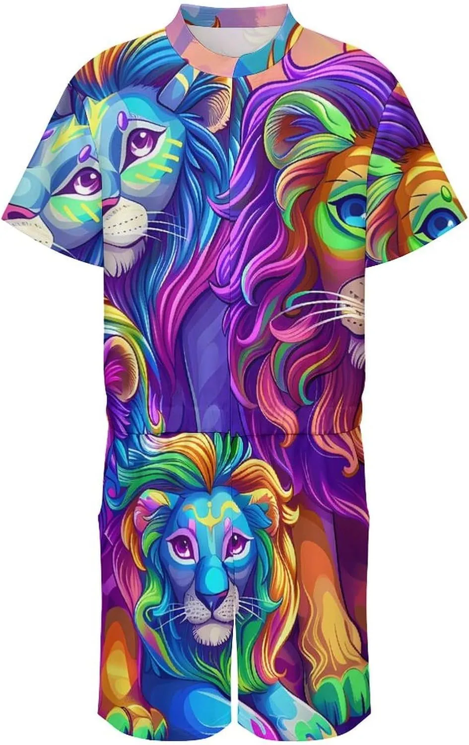 Wild Animals Lion Mens Short Sleeve Rompers Printed Slim Fit One Piece Jumpsuit with Pocket