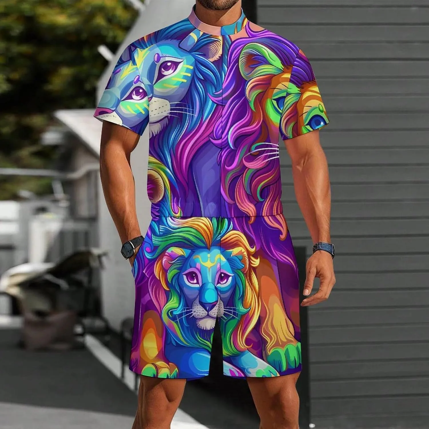 Wild Animals Lion Mens Short Sleeve Rompers Printed Slim Fit One Piece Jumpsuit with Pocket