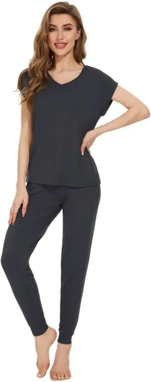 WiWi Lightweight Pajamas Sets for Women Short Sleeve Top with Long Jogger Pants Sleepwear Set Lounge Pjs S-XXL