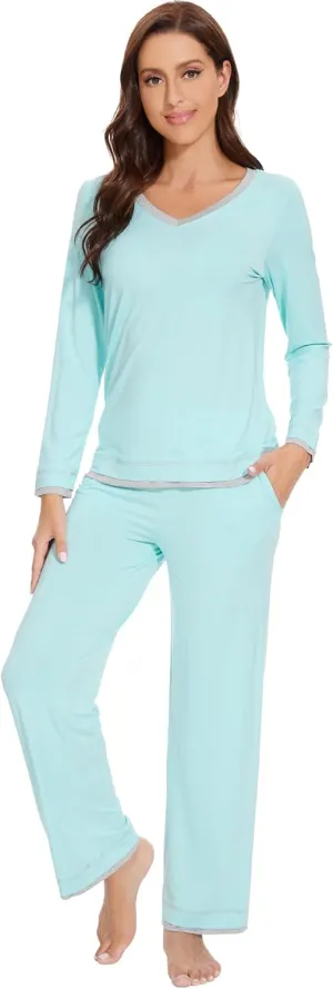 WiWi Viscose from Bamboo Pajamas Sets for Women Soft Tops with Pants Sleepwear V-neck Pj Set with Pockets S-XXL