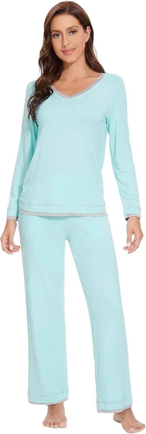 WiWi Viscose from Bamboo Pajamas Sets for Women Soft Tops with Pants Sleepwear V-neck Pj Set with Pockets S-XXL