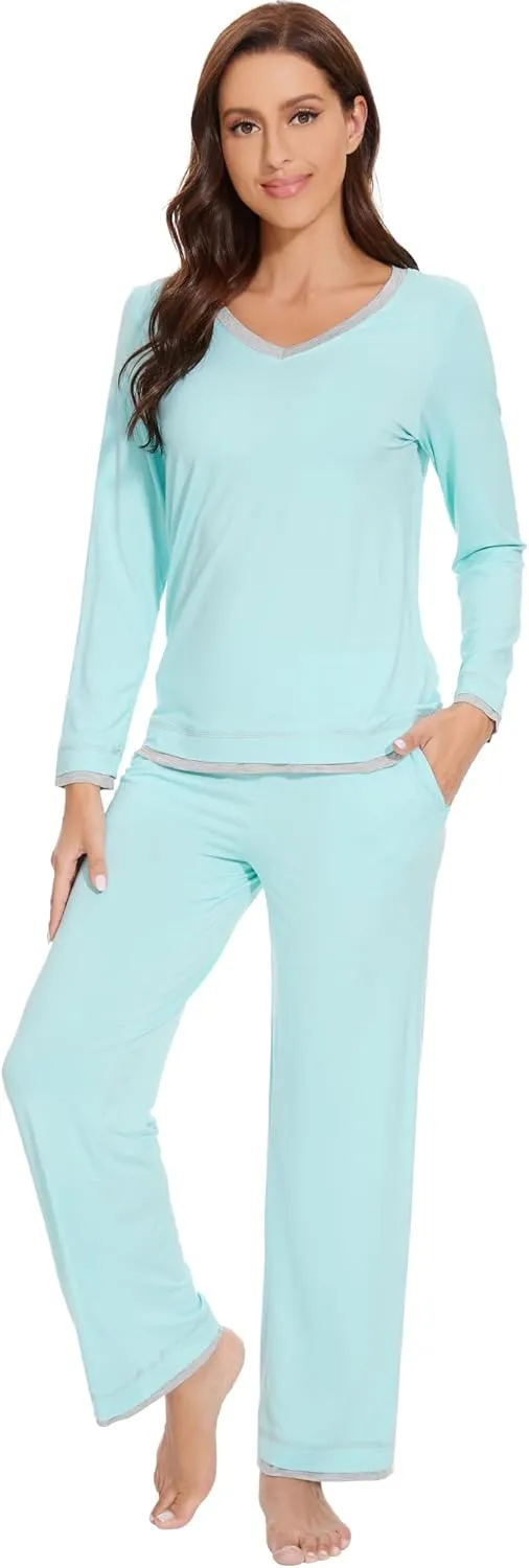 WiWi Viscose from Bamboo Pajamas Sets for Women Soft Tops with Pants Sleepwear V-neck Pj Set with Pockets S-XXL