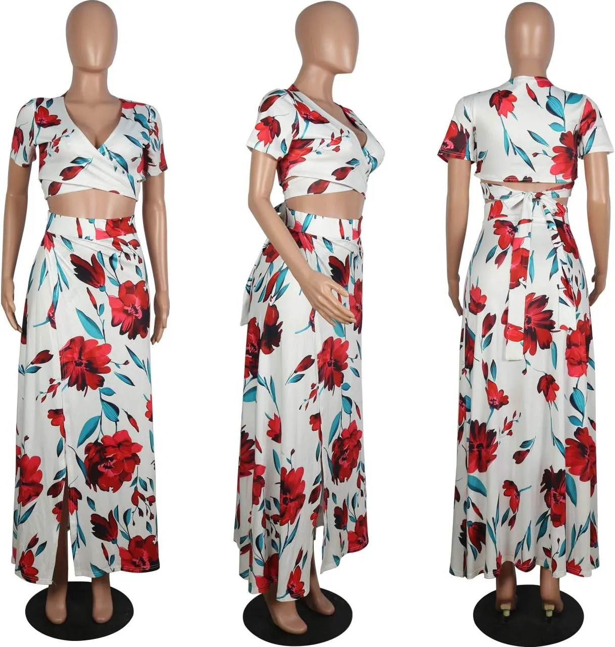 WOKANSE Women's Sexy 2 Piece Outfits Summer Beach Boho Floral Dress V Neck Crop Tops and High Split Maxi Skirt Sets