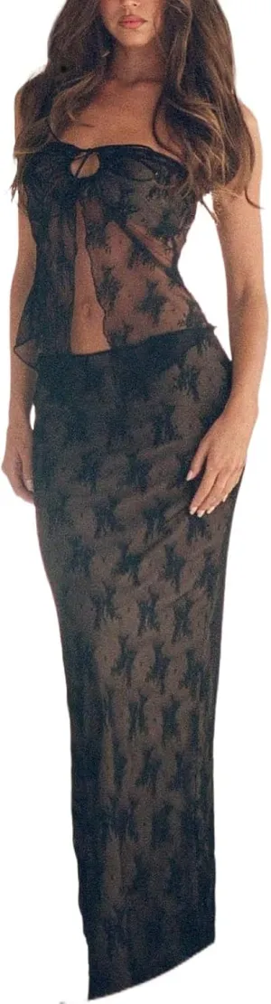 Women 2 Piece Maxi Skirt Set Strapless Lace Tank Tops Tie Up High Waist Bodycon Long Skirt Y2K 2Pcs Outfits Suits
