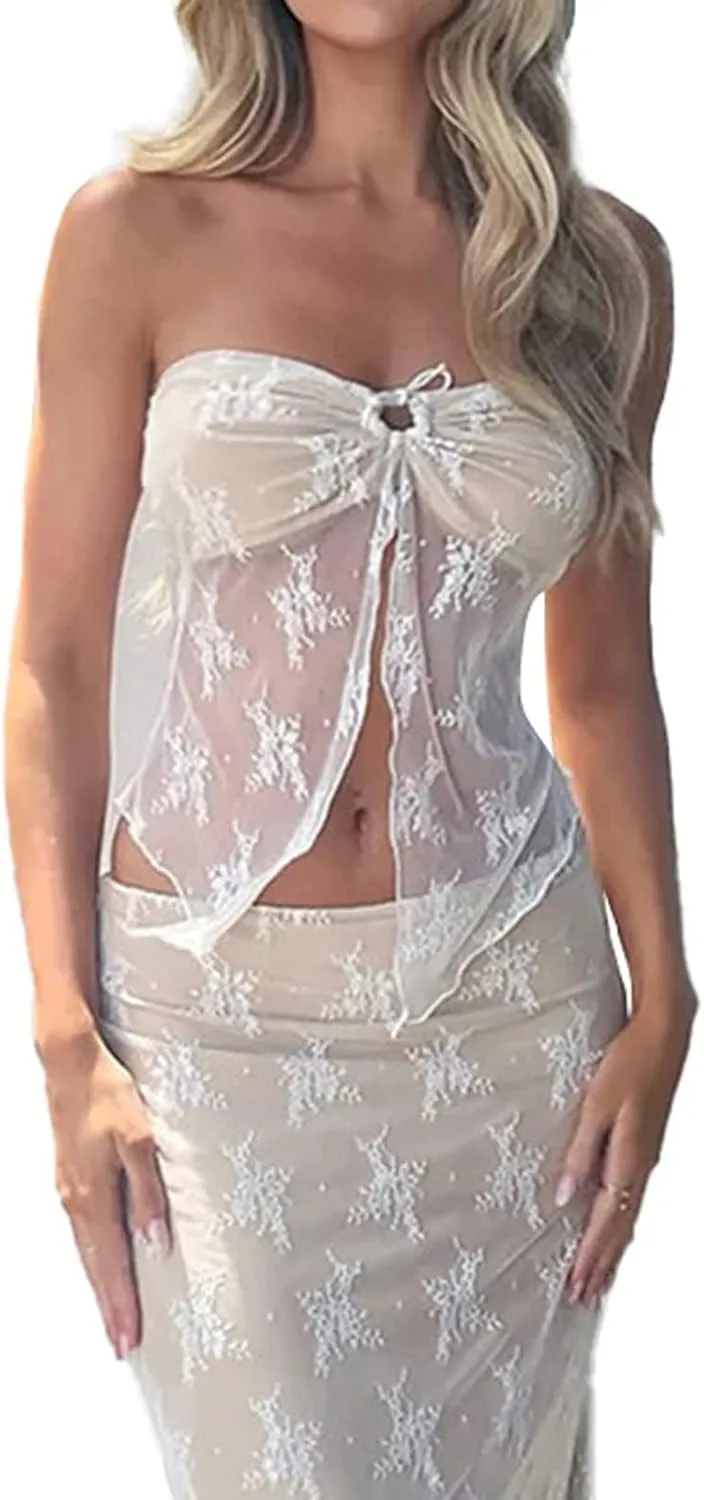 Women 2 Piece Maxi Skirt Set Strapless Lace Tank Tops Tie Up High Waist Bodycon Long Skirt Y2K 2Pcs Outfits Suits