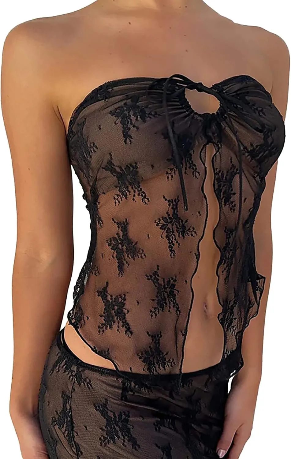 Women 2 Piece Maxi Skirt Set Strapless Lace Tank Tops Tie Up High Waist Bodycon Long Skirt Y2K 2Pcs Outfits Suits