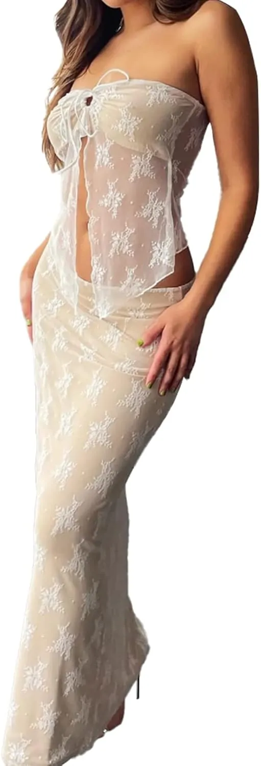 Women 2 Piece Maxi Skirt Set Strapless Lace Tank Tops Tie Up High Waist Bodycon Long Skirt Y2K 2Pcs Outfits Suits