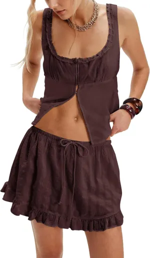 Women 2 Piece Mini Skirt Set Summer Matching Outfits Sleeveless Button Down Tank Top Ruffle Skort Going Out Sets