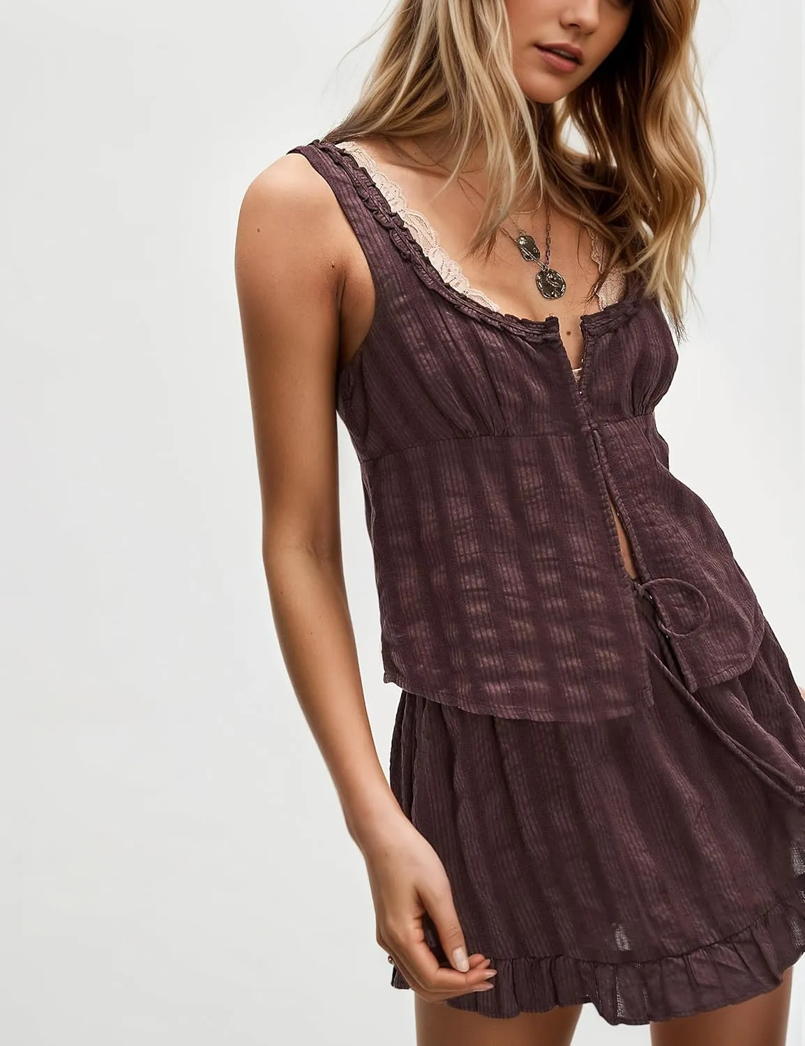 Women 2 Piece Mini Skirt Set Summer Matching Outfits Sleeveless Button Down Tank Top Ruffle Skort Going Out Sets