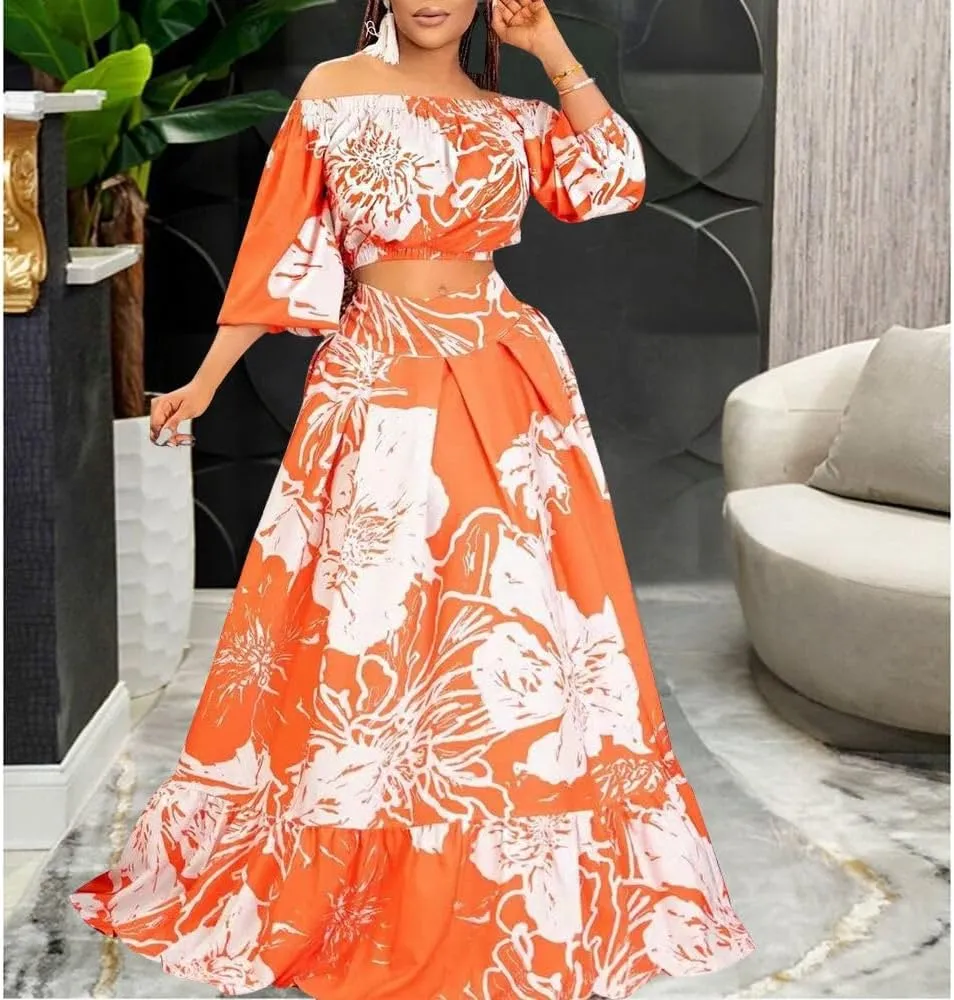 Women 2 Piece Skirt Set Sexy Off The Shoulder Puff Sleeve Crop Tops Flowy Floral A Line Maxi Skirt Sets