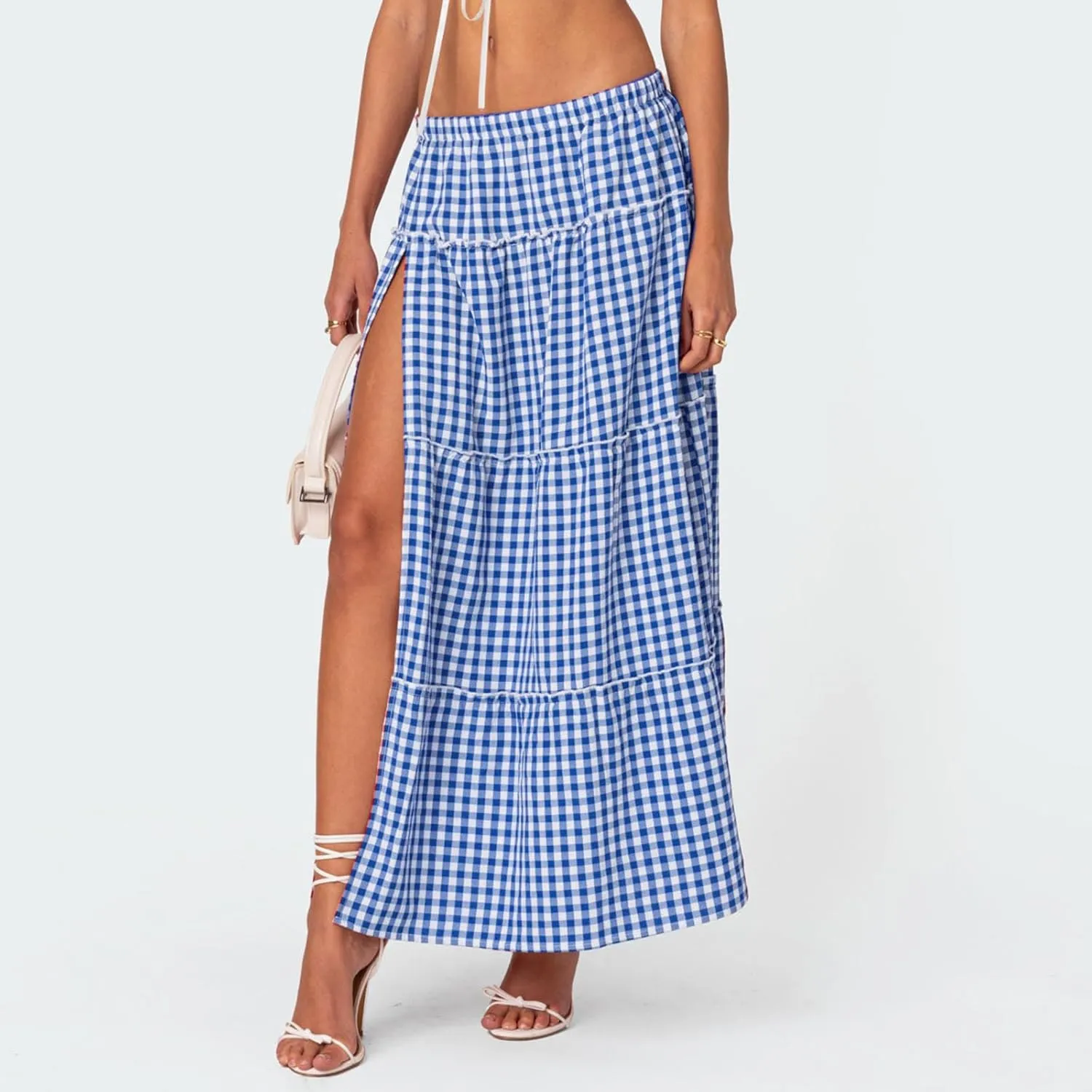 Women Boho Floral Long Maxi Skirt Vintage High Waist A-Line Midi Skirt Tiered Pleated Swing Skirt with Pockets