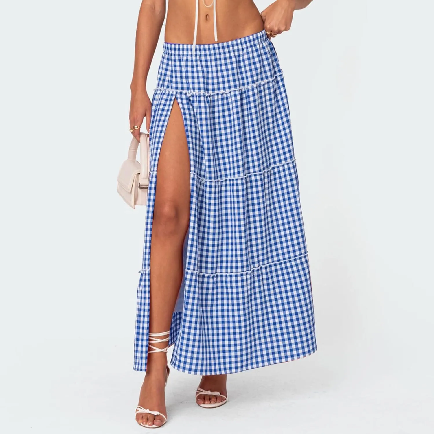 Women Boho Floral Long Maxi Skirt Vintage High Waist A-Line Midi Skirt Tiered Pleated Swing Skirt with Pockets