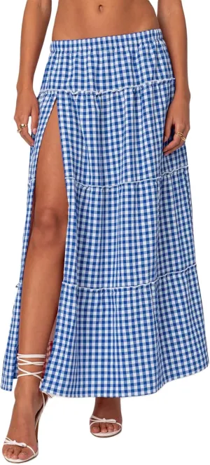 Women Boho Floral Long Maxi Skirt Vintage High Waist A-Line Midi Skirt Tiered Pleated Swing Skirt with Pockets