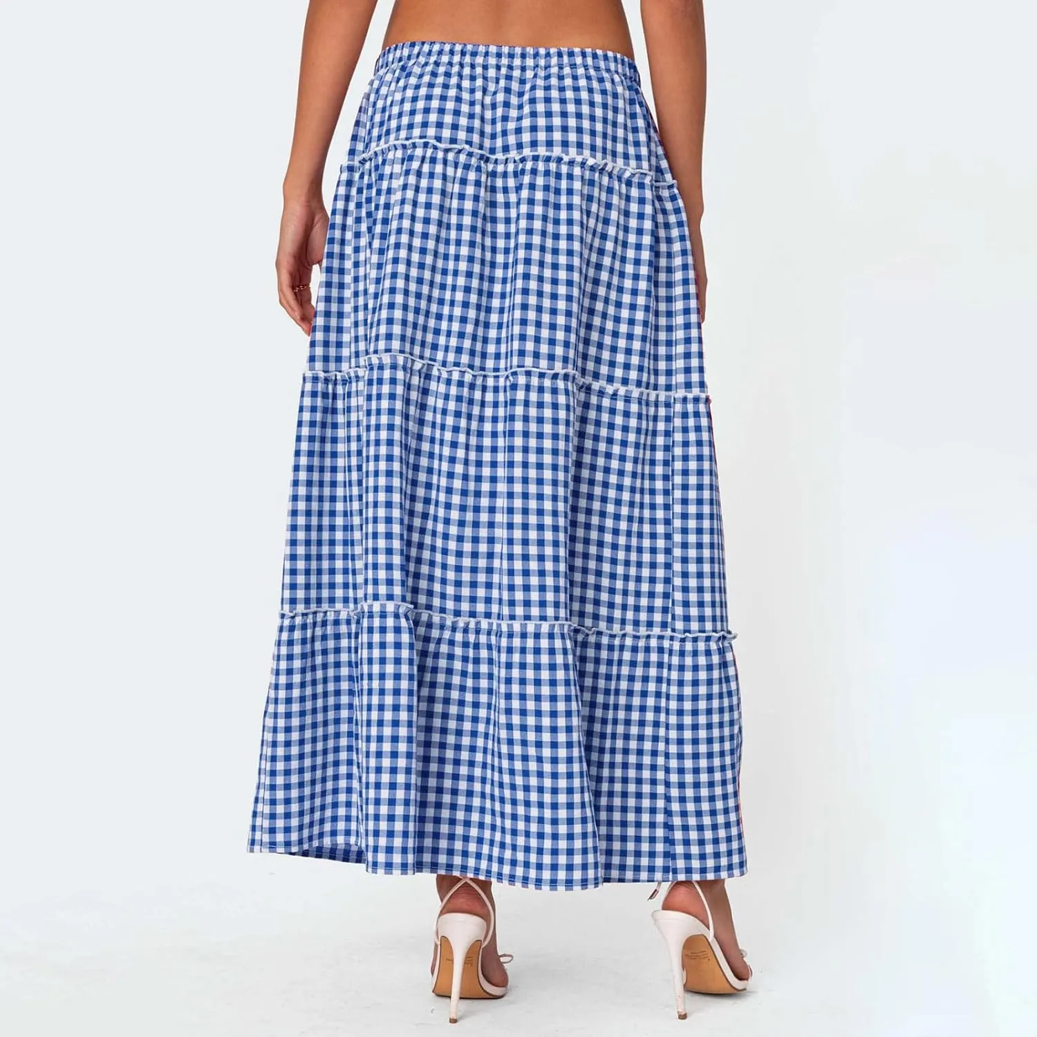 Women Boho Floral Long Maxi Skirt Vintage High Waist A-Line Midi Skirt Tiered Pleated Swing Skirt with Pockets