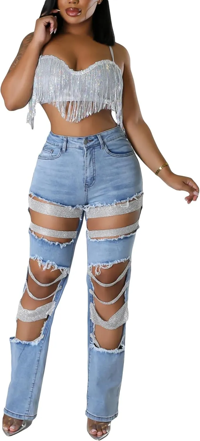Women Sexy Rhinestone Ripped Jeans High Waist Cutout Pearl Chains Straight Wide Leg Denim Pants for Party Club Night