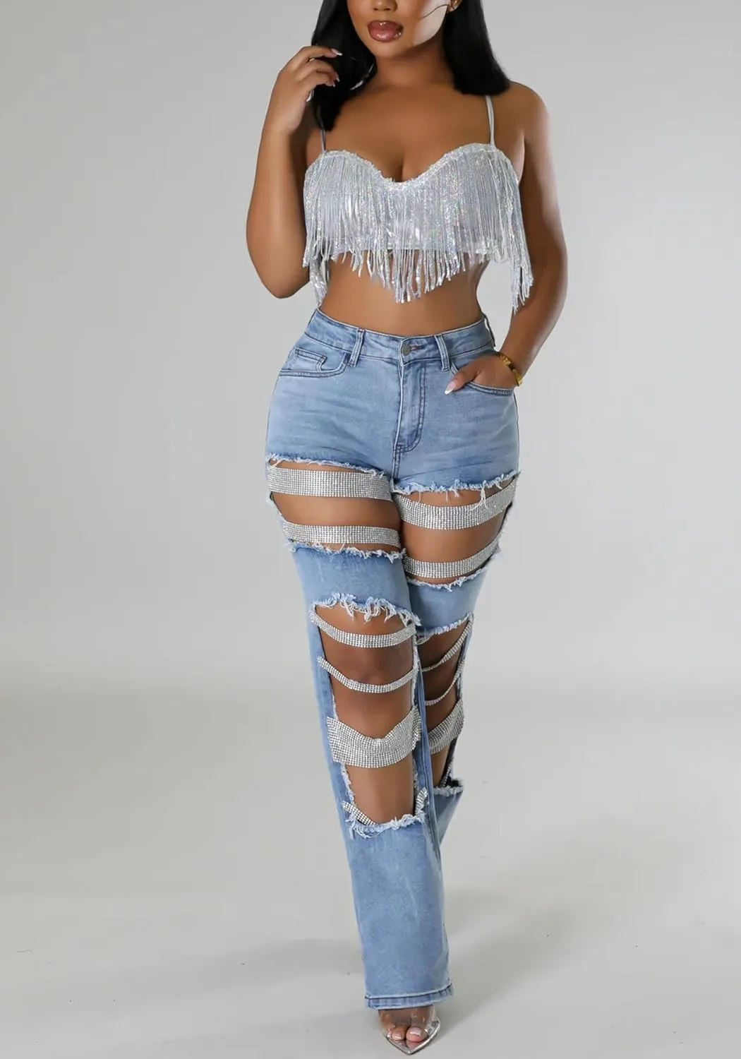 Women Sexy Rhinestone Ripped Jeans High Waist Cutout Pearl Chains Straight Wide Leg Denim Pants for Party Club Night