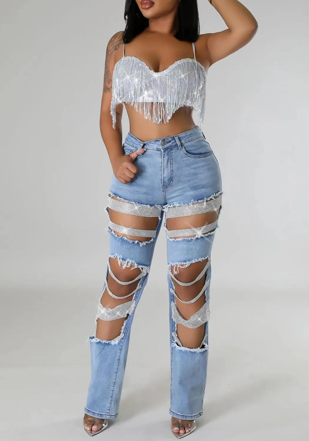Women Sexy Rhinestone Ripped Jeans High Waist Cutout Pearl Chains Straight Wide Leg Denim Pants for Party Club Night