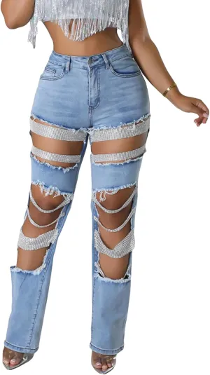 Women Sexy Rhinestone Ripped Jeans High Waist Cutout Pearl Chains Straight Wide Leg Denim Pants for Party Club Night