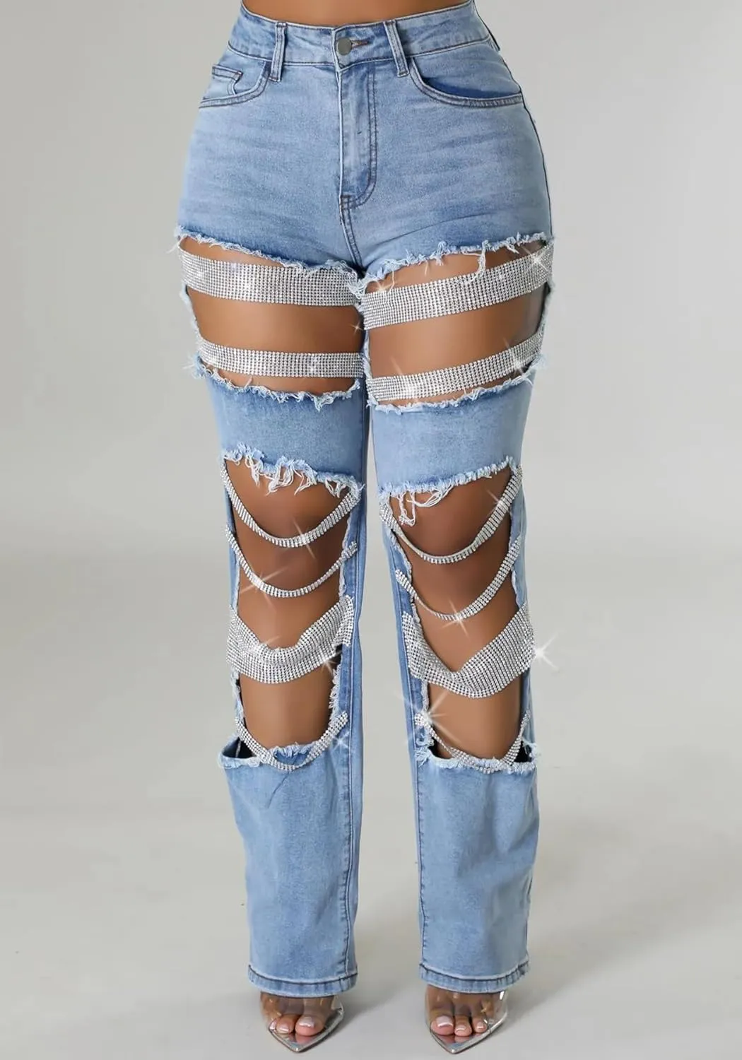 Women Sexy Rhinestone Ripped Jeans High Waist Cutout Pearl Chains Straight Wide Leg Denim Pants for Party Club Night