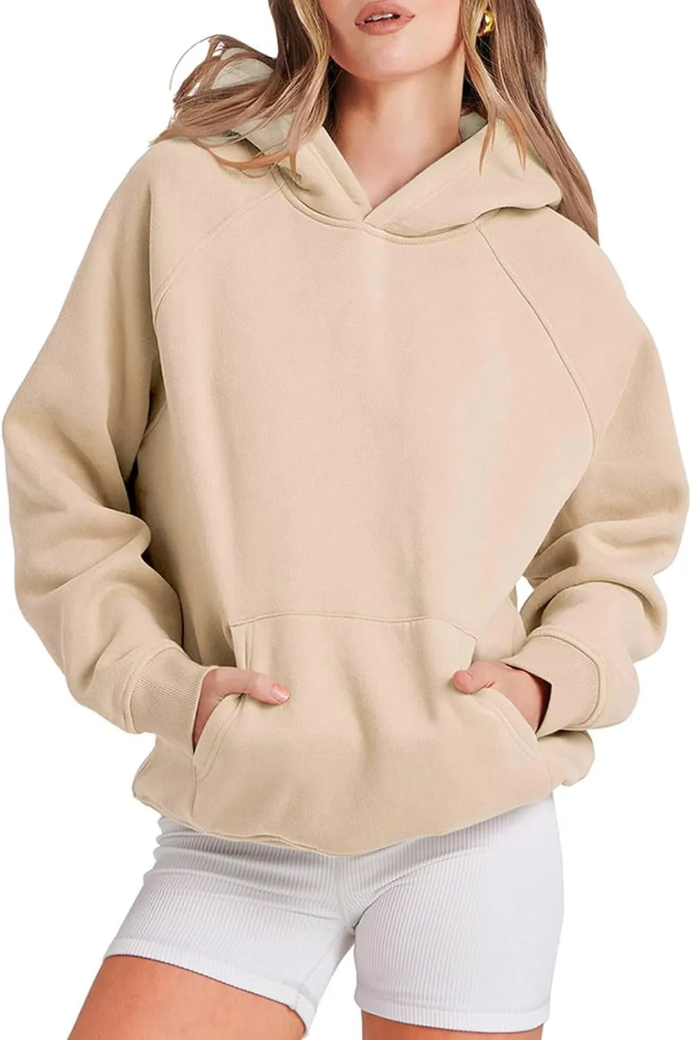 Women Solid Basic Loose Hoodie Fleece Long Sleeve Pocket Drop Shoulder Pullovers Oversized Hooded Sweatshirts Top