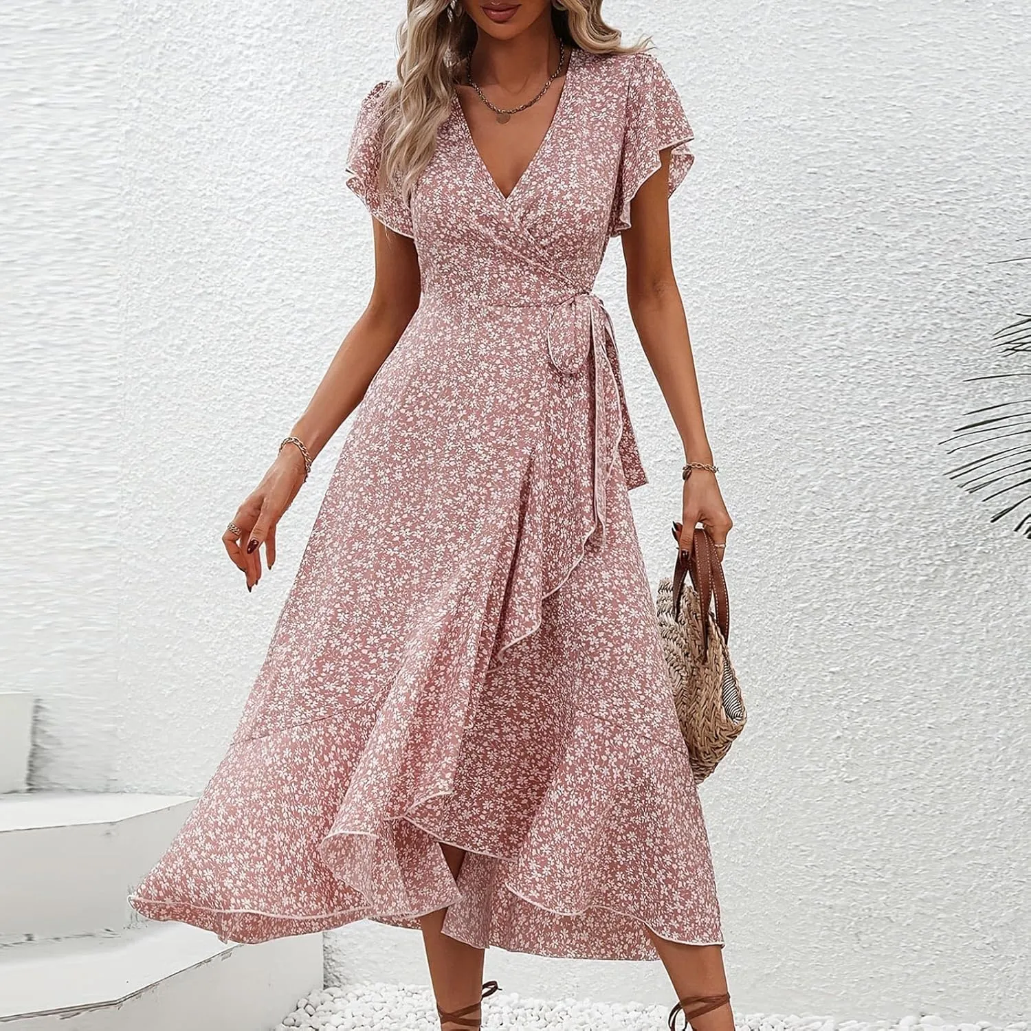Women Summer Dresses Bohemian Floral Casual Wrap V Neck Ruffle Cap Sleeveless Belt A-Line Pleated Hem Midi Sun Dress