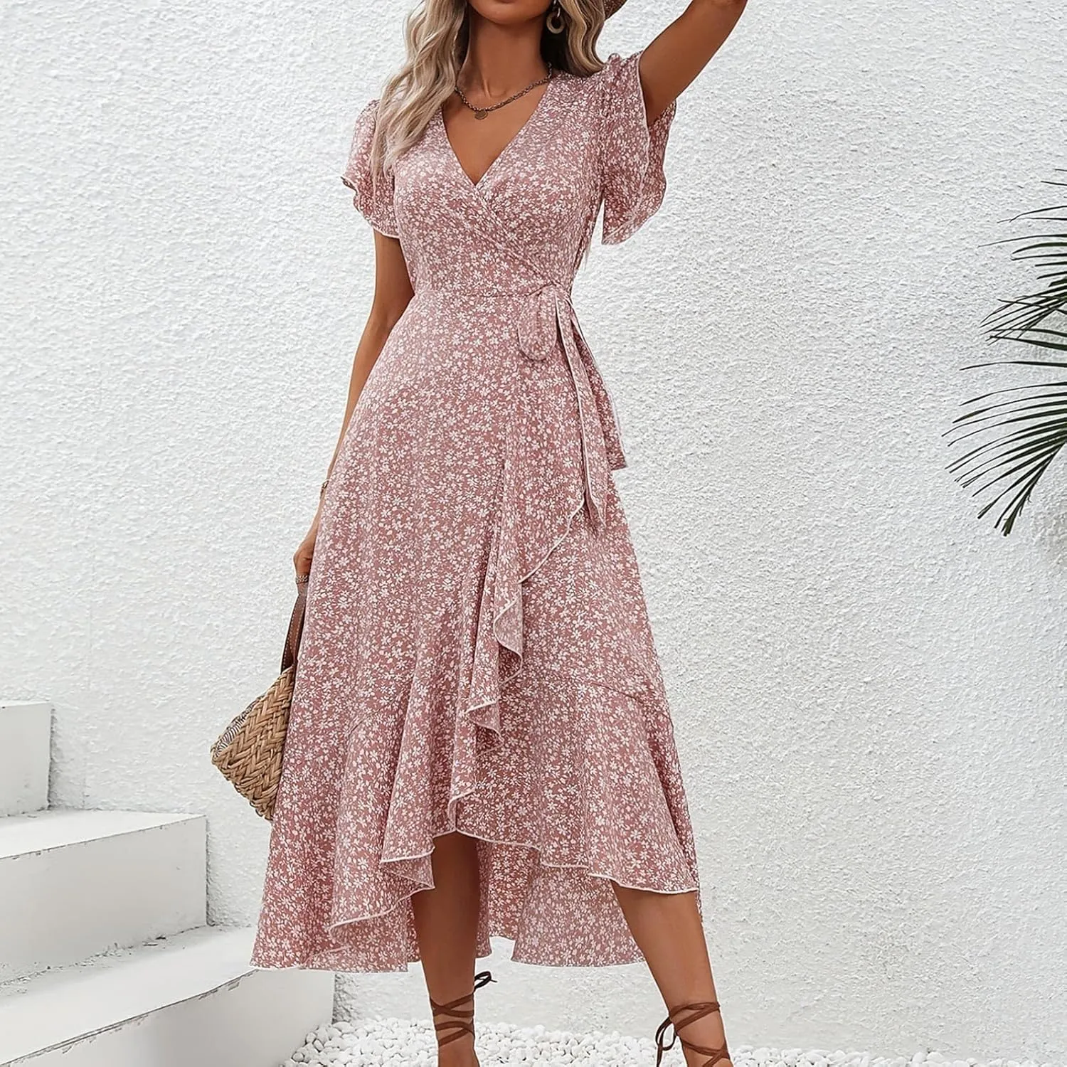 Women Summer Dresses Bohemian Floral Casual Wrap V Neck Ruffle Cap Sleeveless Belt A-Line Pleated Hem Midi Sun Dress