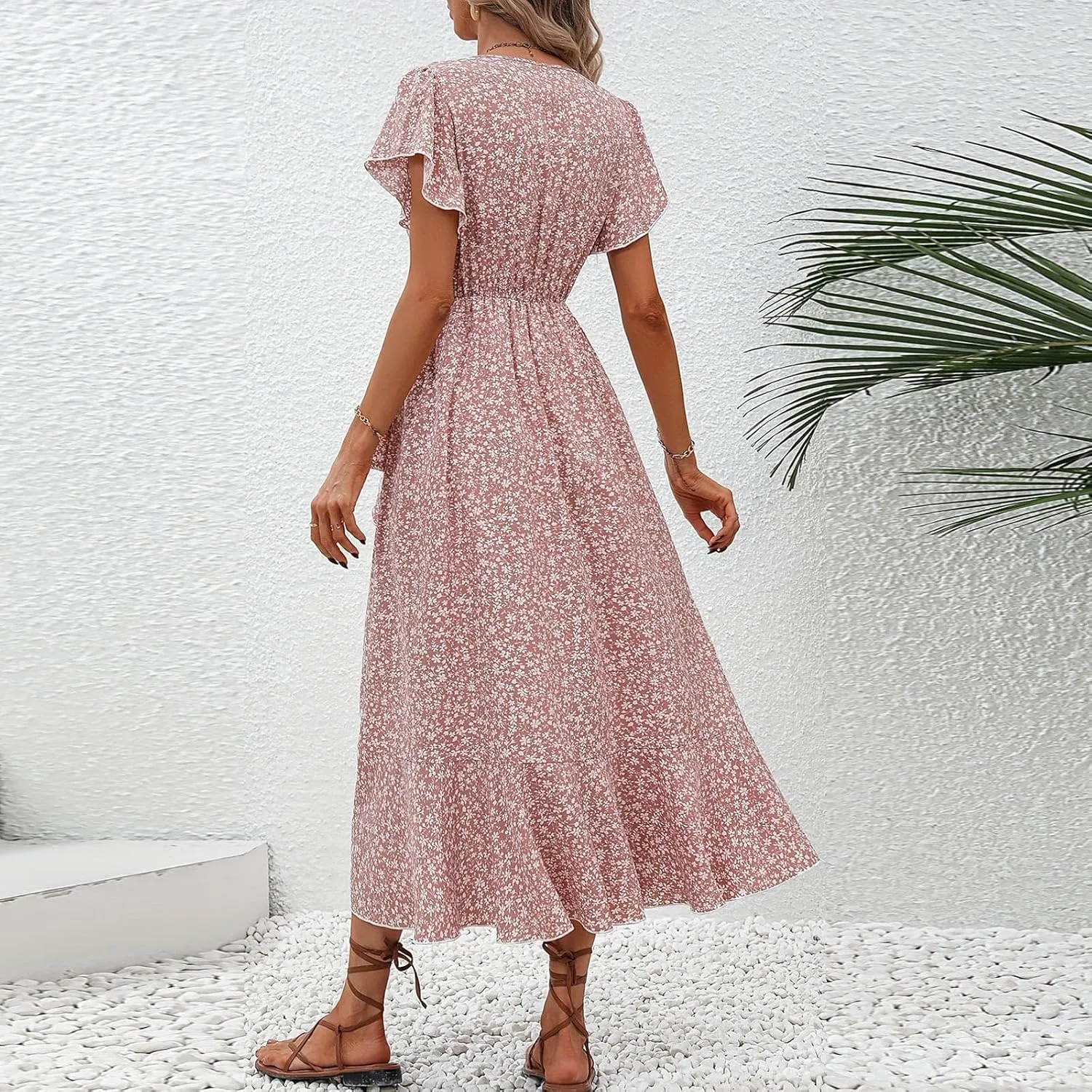 Women Summer Dresses Bohemian Floral Casual Wrap V Neck Ruffle Cap Sleeveless Belt A-Line Pleated Hem Midi Sun Dress