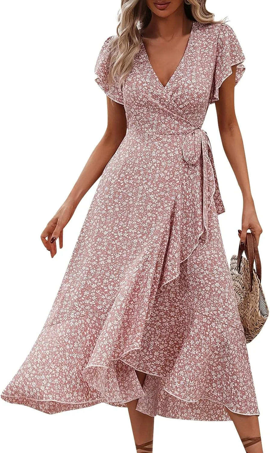 Women Summer Dresses Bohemian Floral Casual Wrap V Neck Ruffle Cap Sleeveless Belt A-Line Pleated Hem Midi Sun Dress