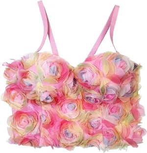 Women Sweet 3D Flowers Tank Tops Pink Lace Push Up Corset Top Party Rave Festiva Sexy Internal Camisole Clothing Summer