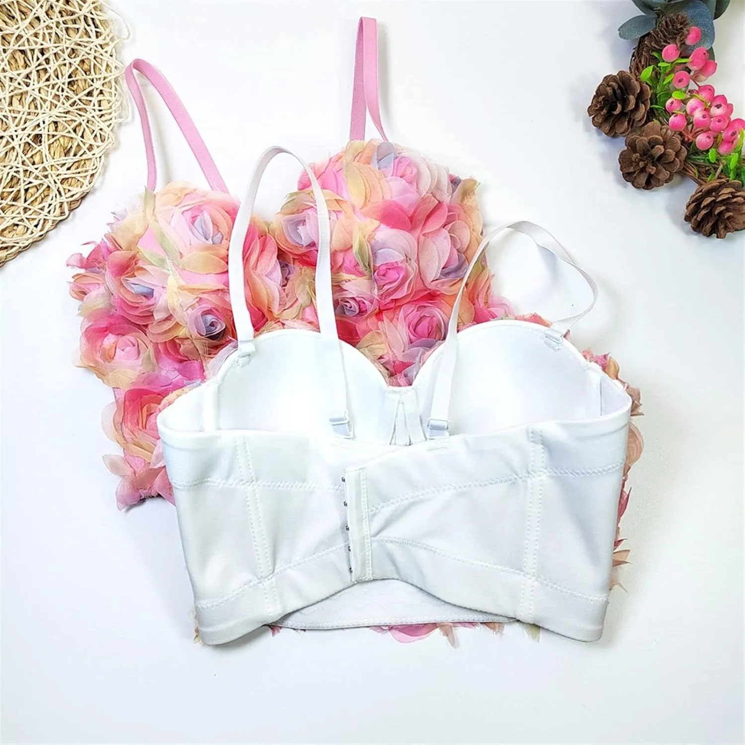 Women Sweet 3D Flowers Tank Tops Pink Lace Push Up Corset Top Party Rave Festiva Sexy Internal Camisole Clothing Summer