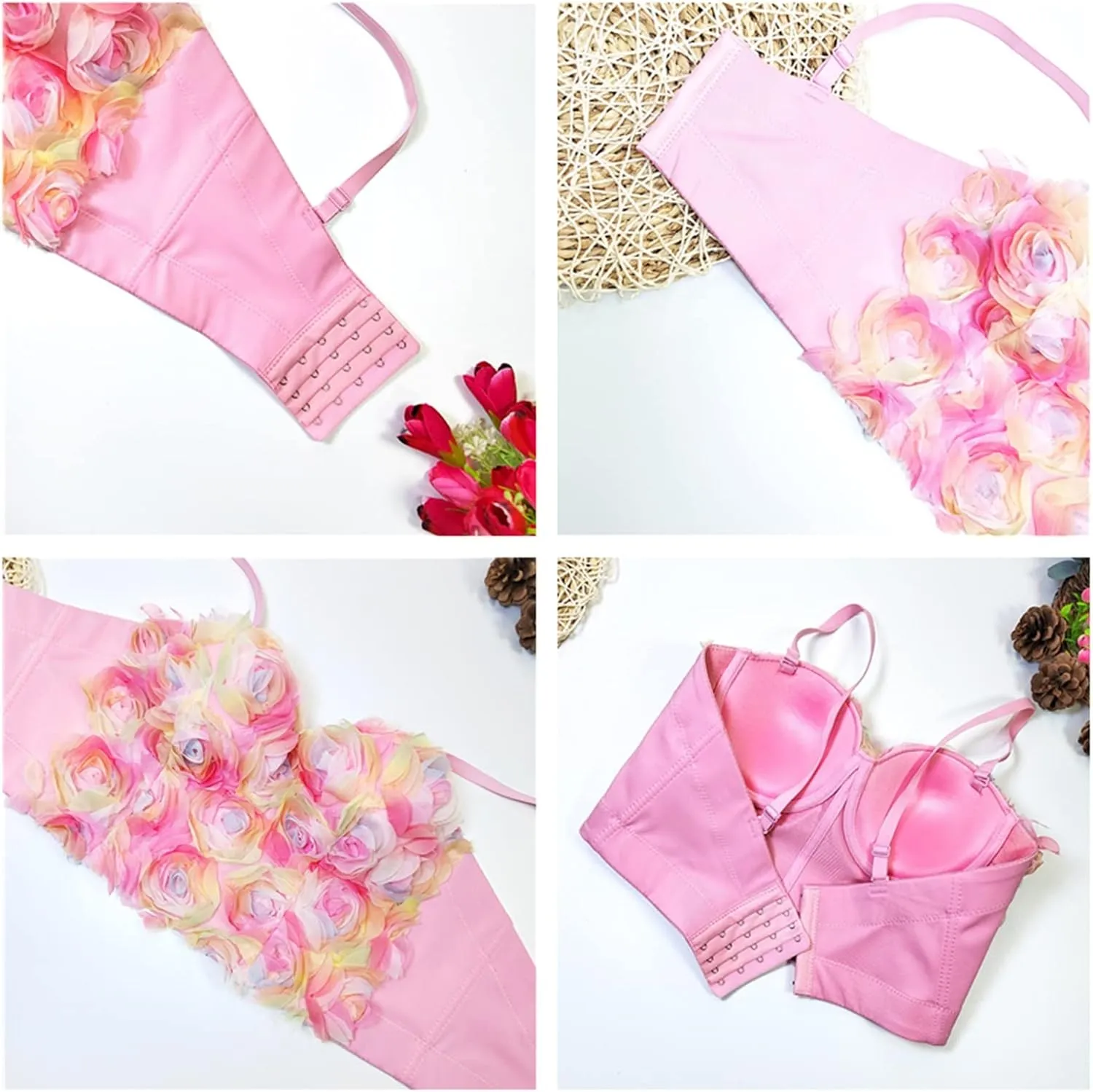 Women Sweet 3D Flowers Tank Tops Pink Lace Push Up Corset Top Party Rave Festiva Sexy Internal Camisole Clothing Summer