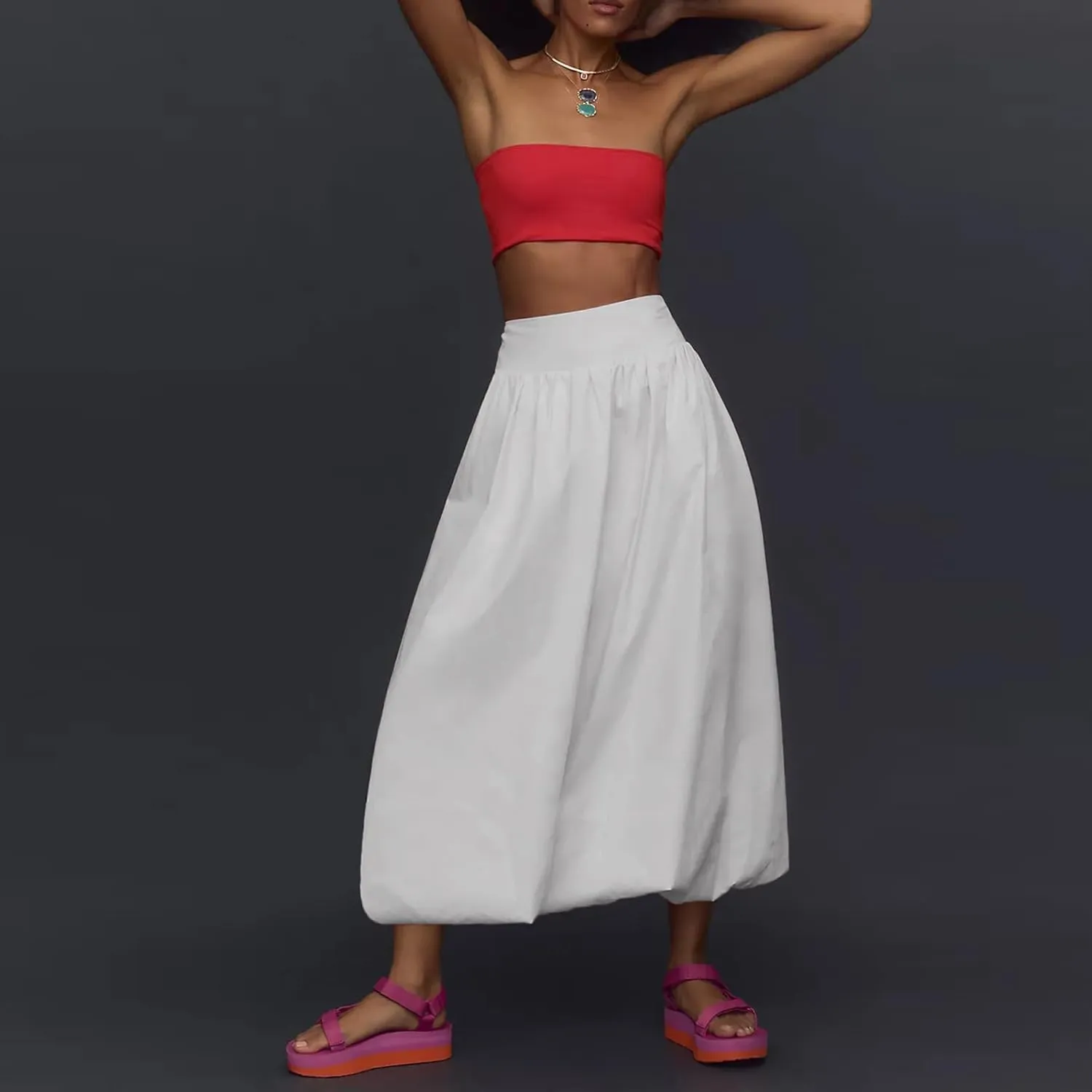 Women Y2k Bubble Maxi Skirt Elastic Low Waist Pleated Long Skirt Ruffle A Line Puffy Midi Skirt Streetwear